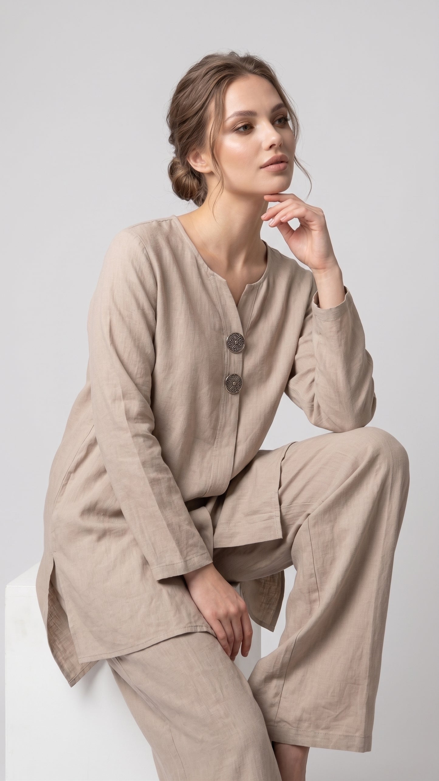 Ahşap Düğme Detaylı Pamuklu Tunik Pantolon Takım