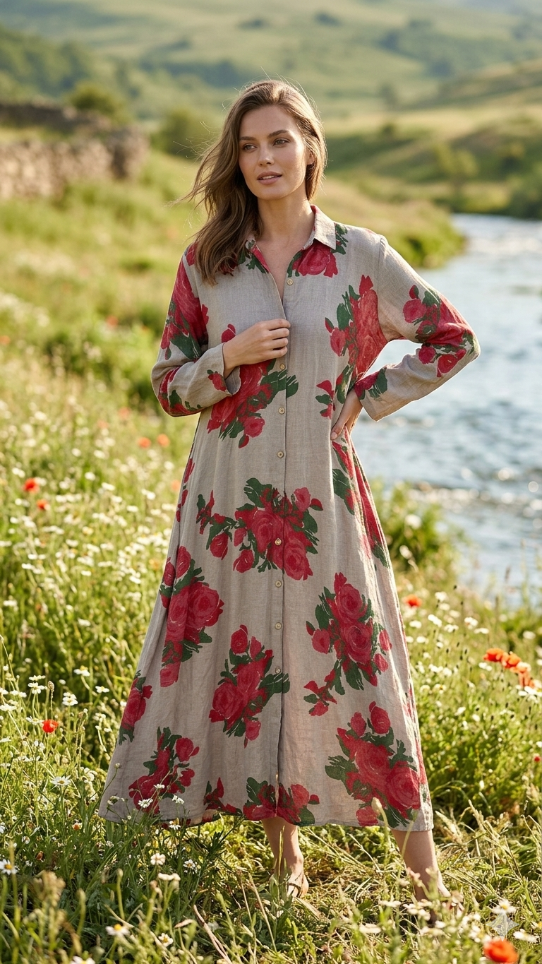 Gül Detaylı Doğal Doku Elbise - Park Collection