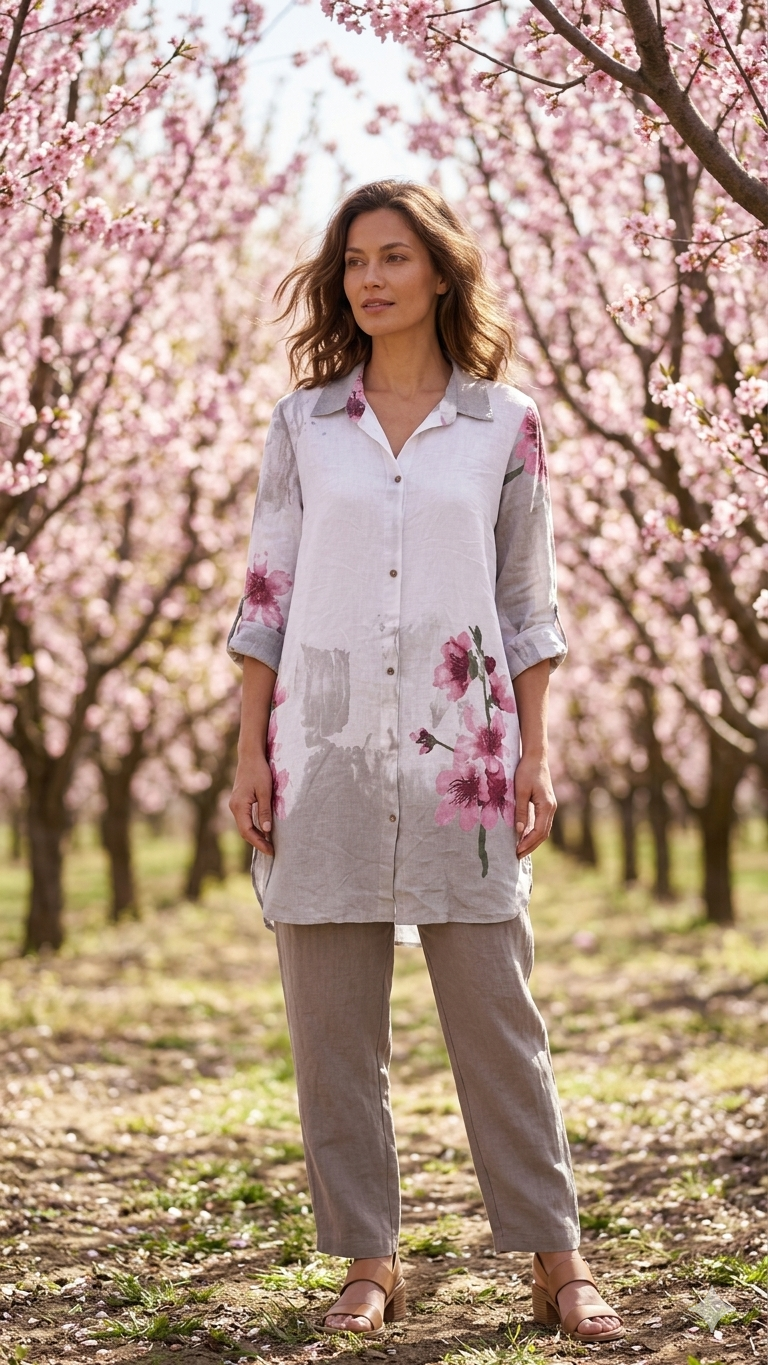 Çiçek Desenli İtalyan Keten Uzun Gömlek | Yazlık Oversize Tunik