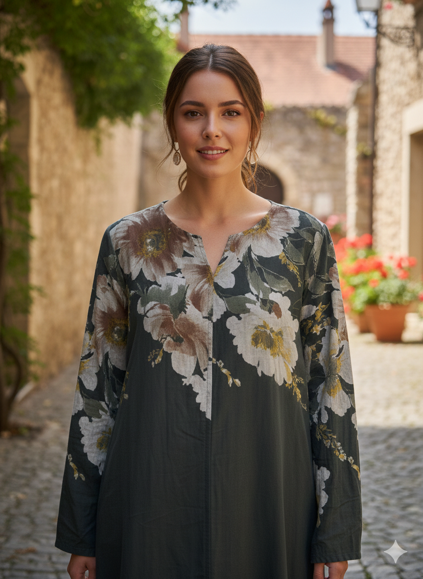 Çiçek Desenli Cep Detaylı Kadife Elbise