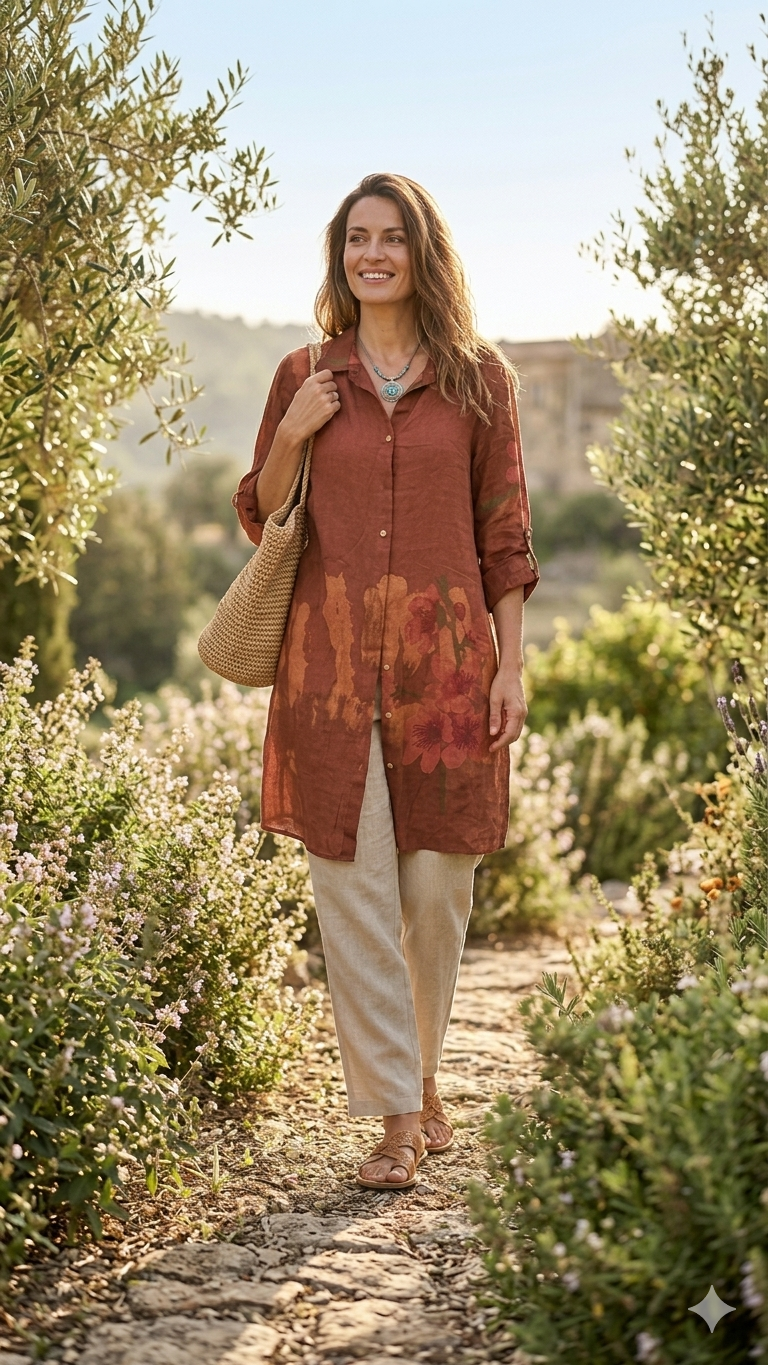 Çiçek Desenli İtalyan Keten Uzun Gömlek | Yazlık Oversize Tunik