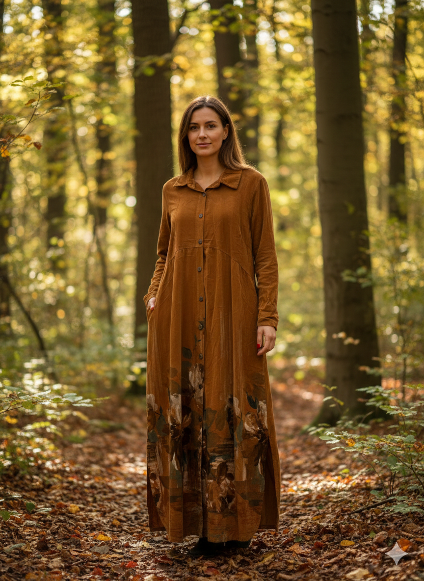 Çiçek Desen Düğmeli Kadife Elbise