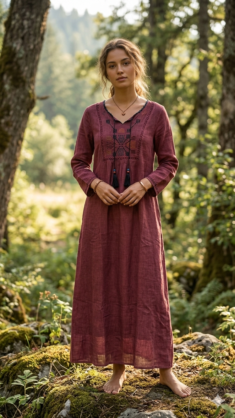 Bordo Etnik Nakışlı %100 Pamuk Uzun Elbise - Park Collection
