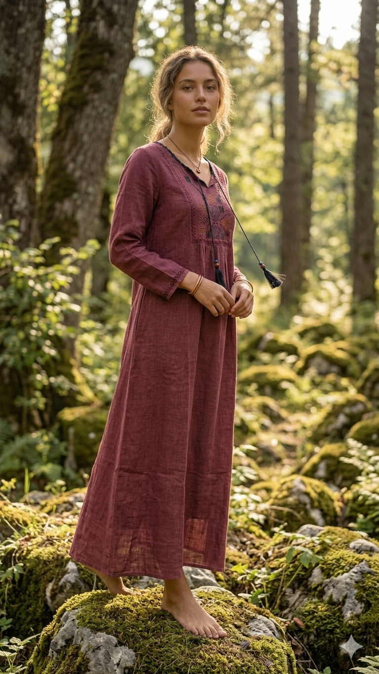 Bordo Etnik Nakışlı Pamuk Elbise - Park Collection