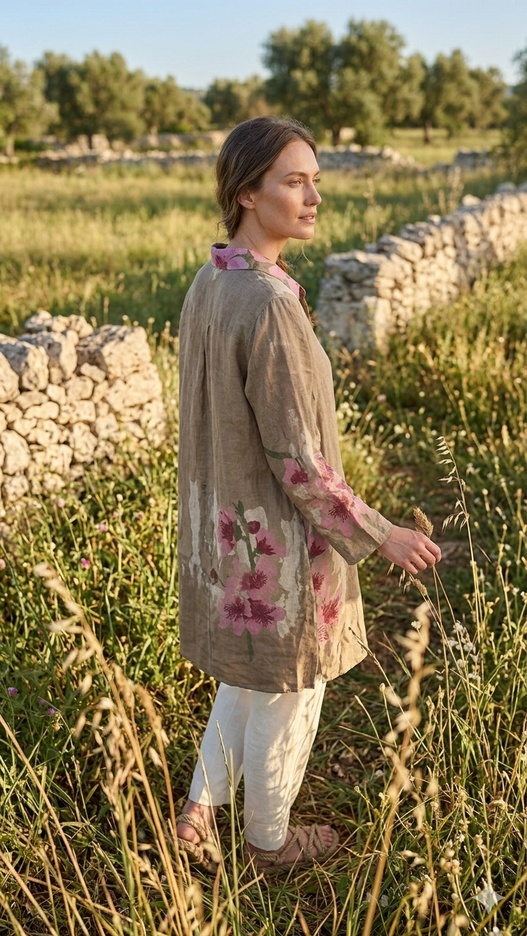 Çiçek Desenli İtalyan Keten Uzun Gömlek | Yazlık Oversize Tunik