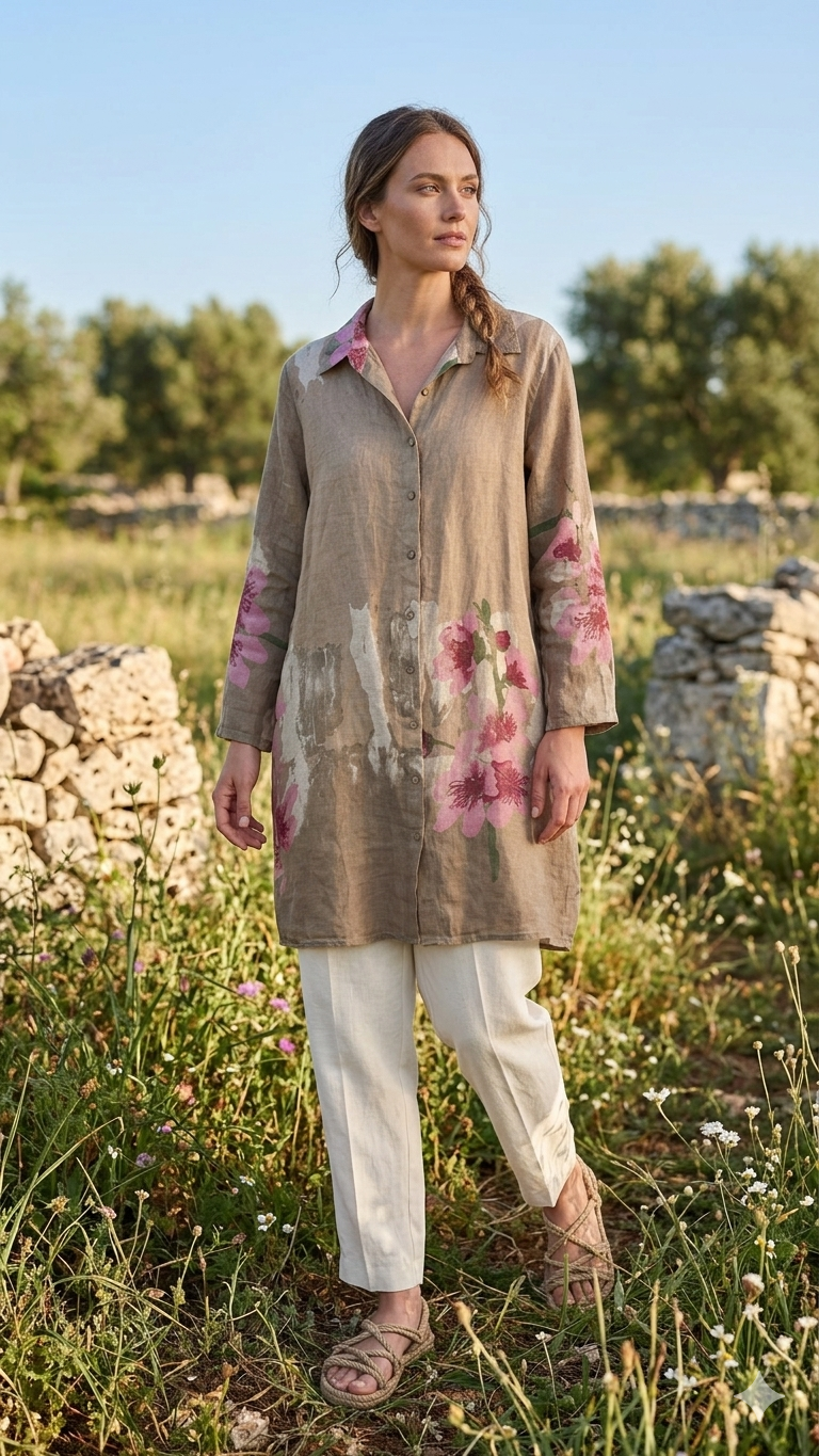 Çiçek Desenli İtalyan Keten Uzun Gömlek | Yazlık Oversize Tunik