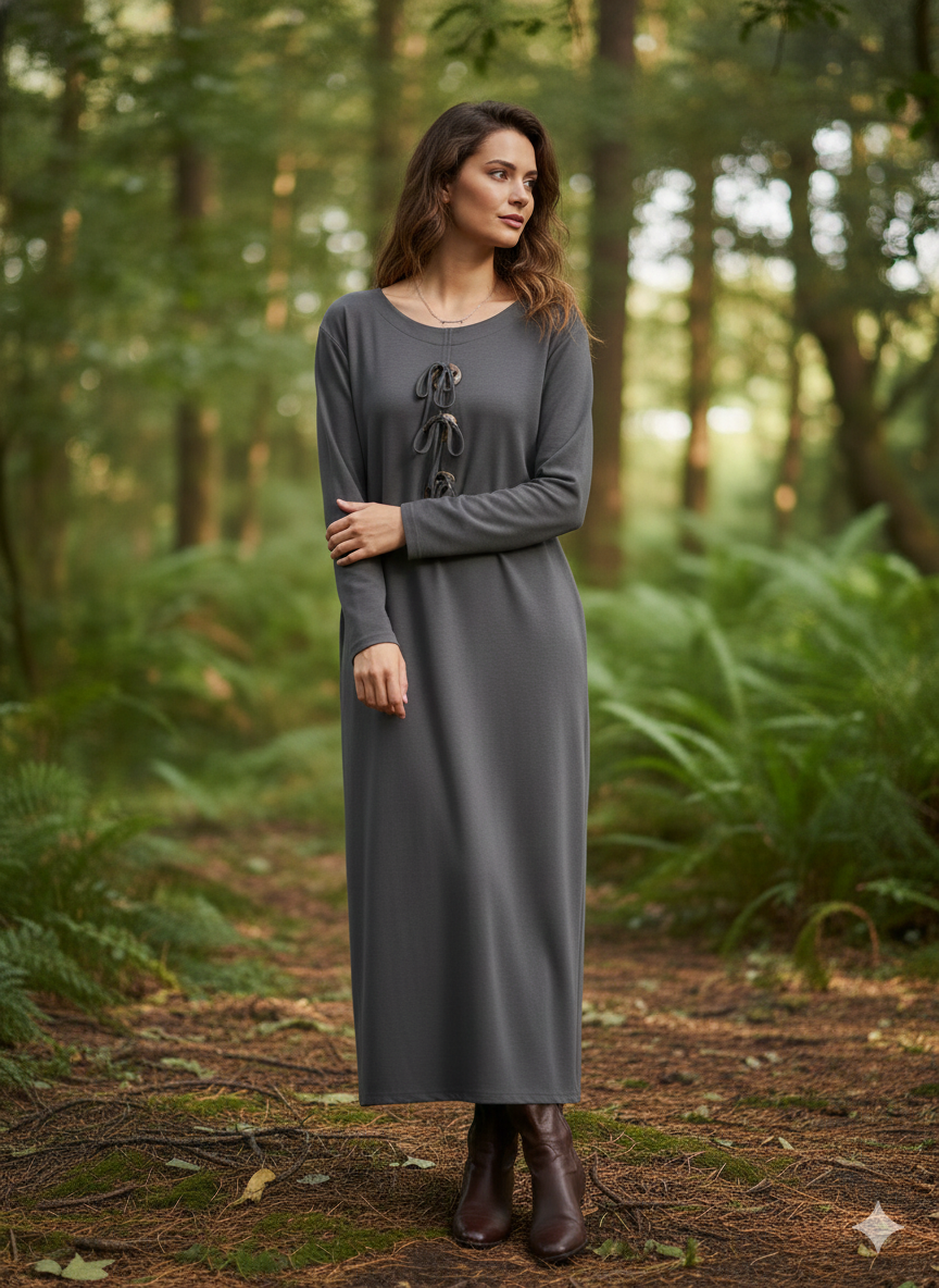 Düğme Detaylı Viskon Elbise