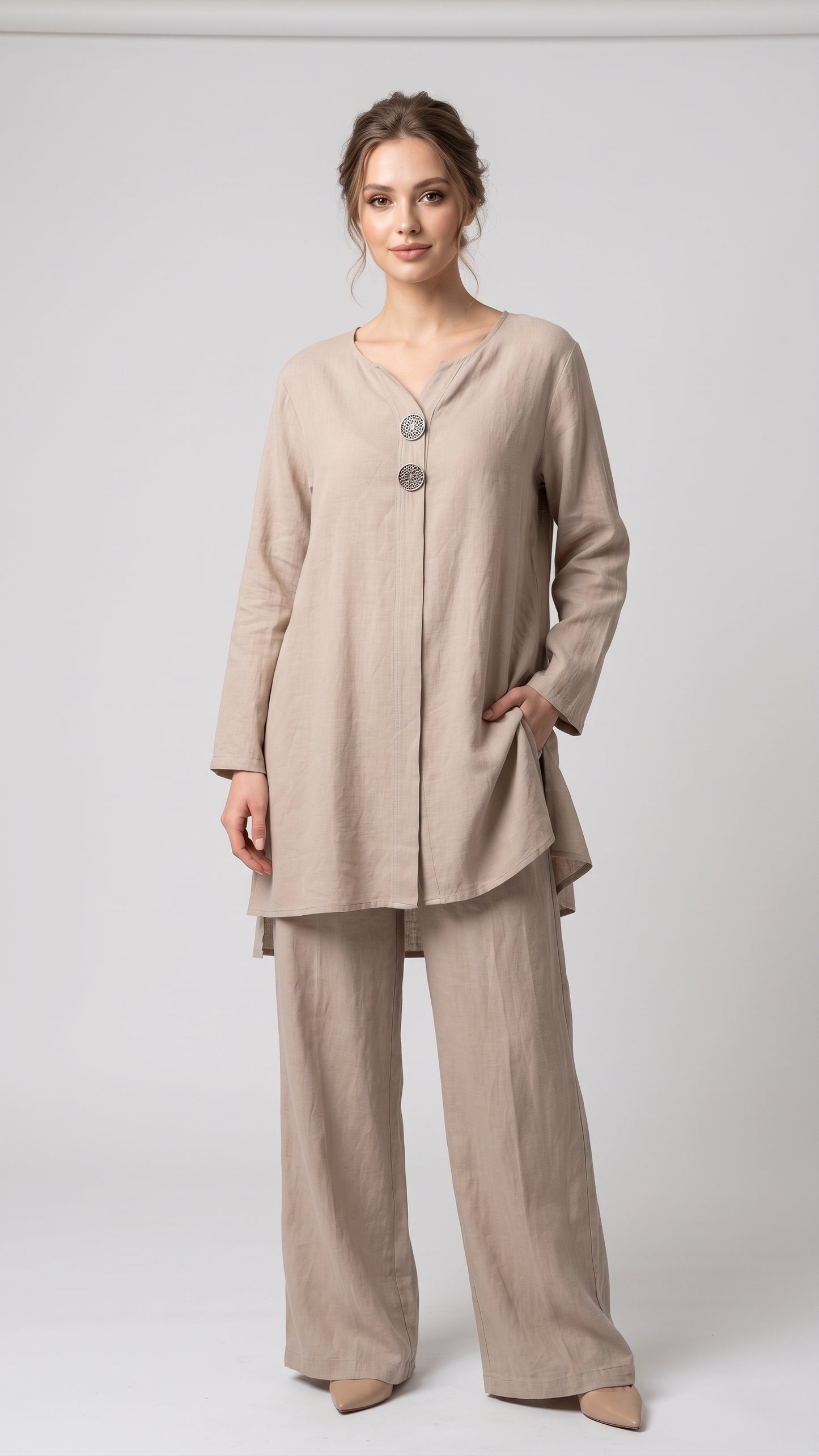 Ahşap Düğme Detaylı Pamuklu Tunik Pantolon Takım