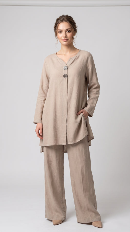 Ahşap Düğme Detaylı Pamuklu Tunik Pantolon Takım