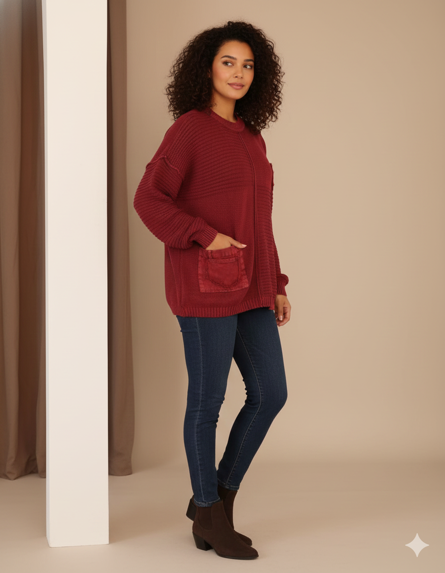 Cep Detaylı %100 Pamuk Dökümlü Kazak