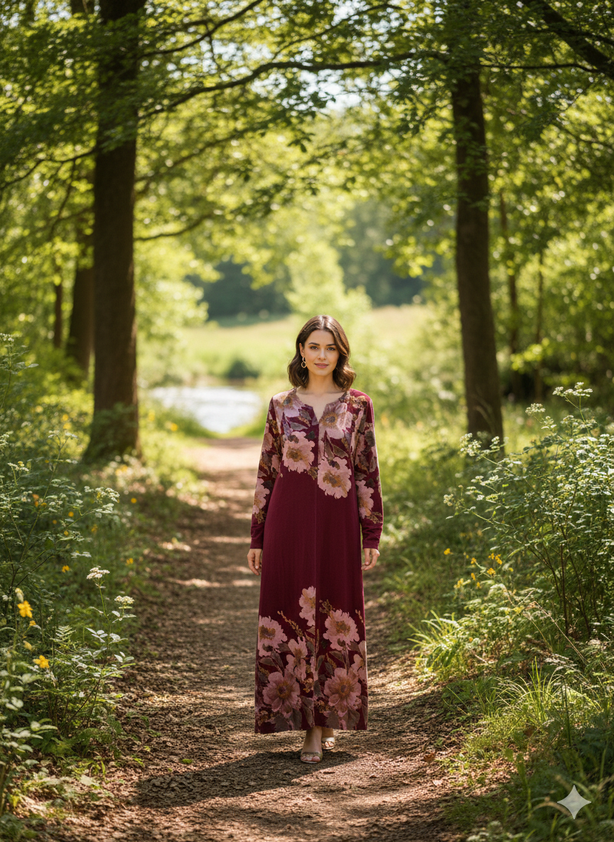 Çiçek Desenli Cep Detaylı Kadife Elbise