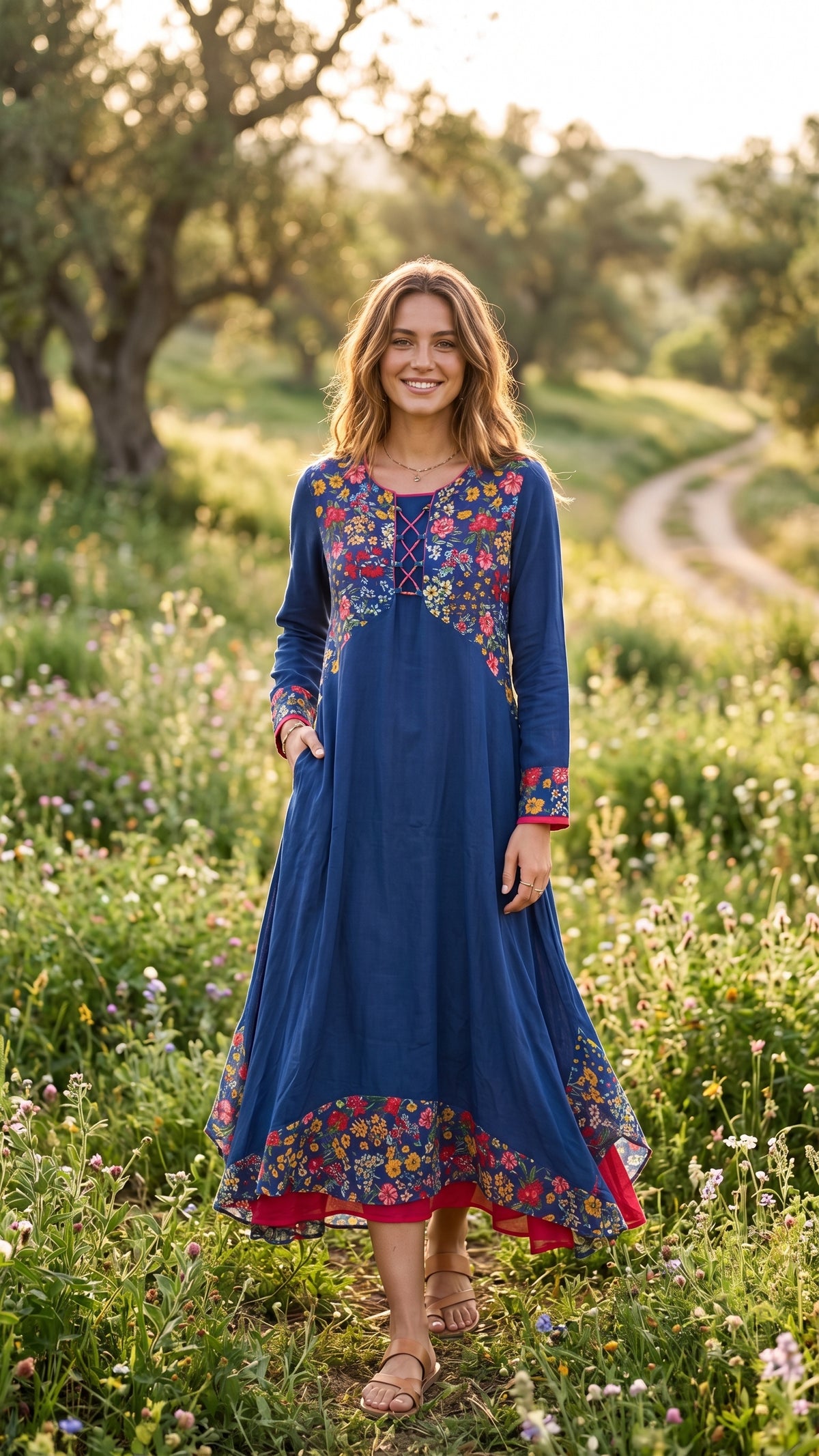 Çiçek Desenli Kontrastlı Boho Maxi Elbise - Lacivert