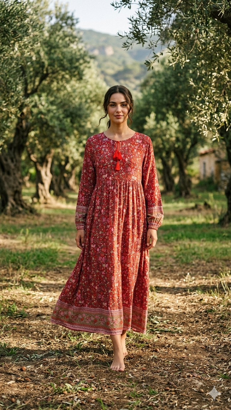 Çiçek Desenli %100 Pamuk Viskon Elbise