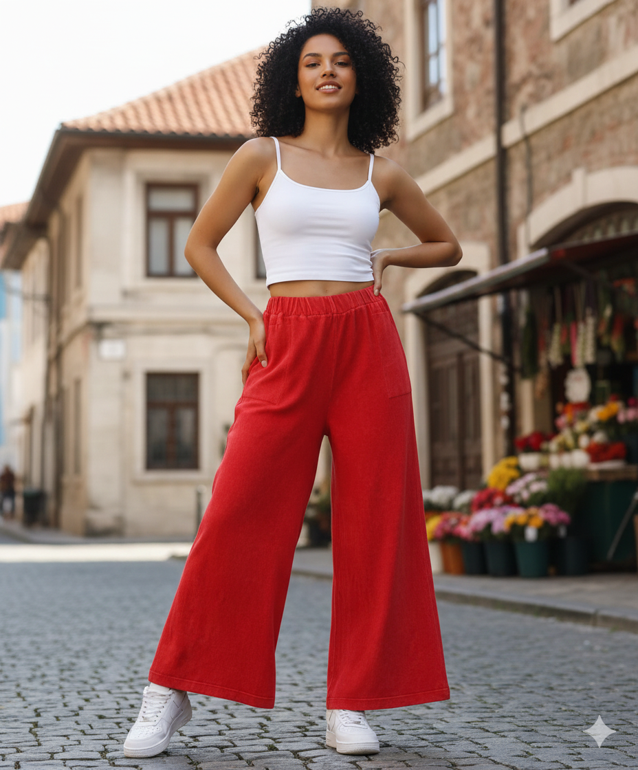 Wide Leg Flowy 100% Cotton Woven Trousers