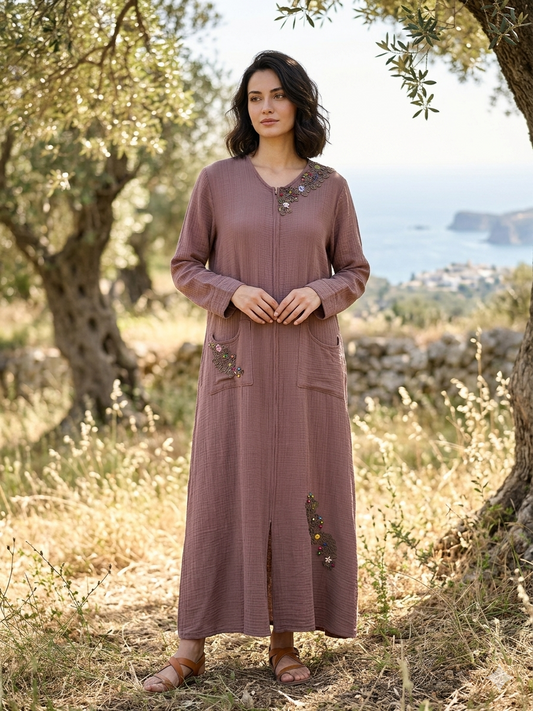 Müslin Kumaş İşleme Detaylı Dış Giyim-Ferace