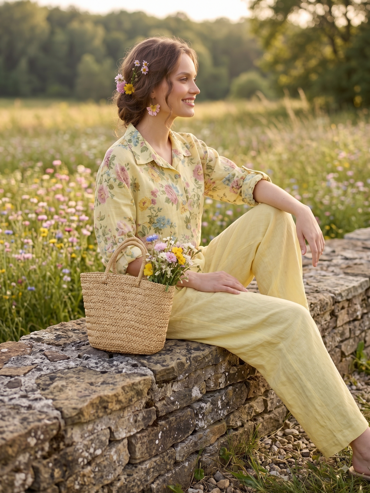 Çiçek Desenli Ham Keten İkili Takım