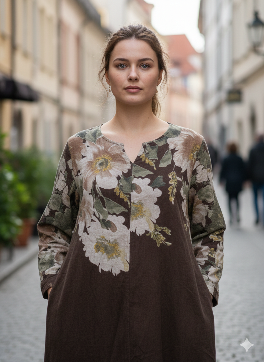 Çiçek Desenli Cep Detaylı Kadife Elbise