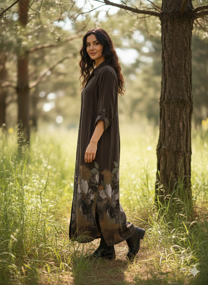 Çiçek Desen Düğmeli Kadife Elbise