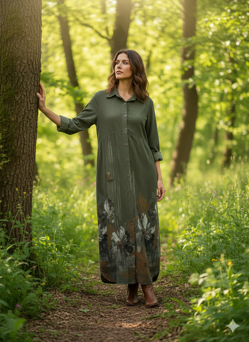 Çiçek Desen Düğmeli Kadife Elbise