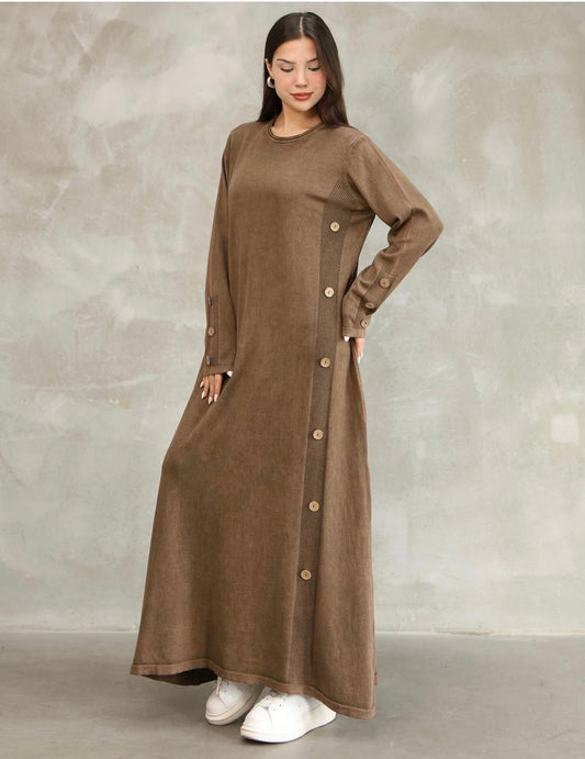 Yandan Düğmeli %100 Pamuk Dokuma Elbise