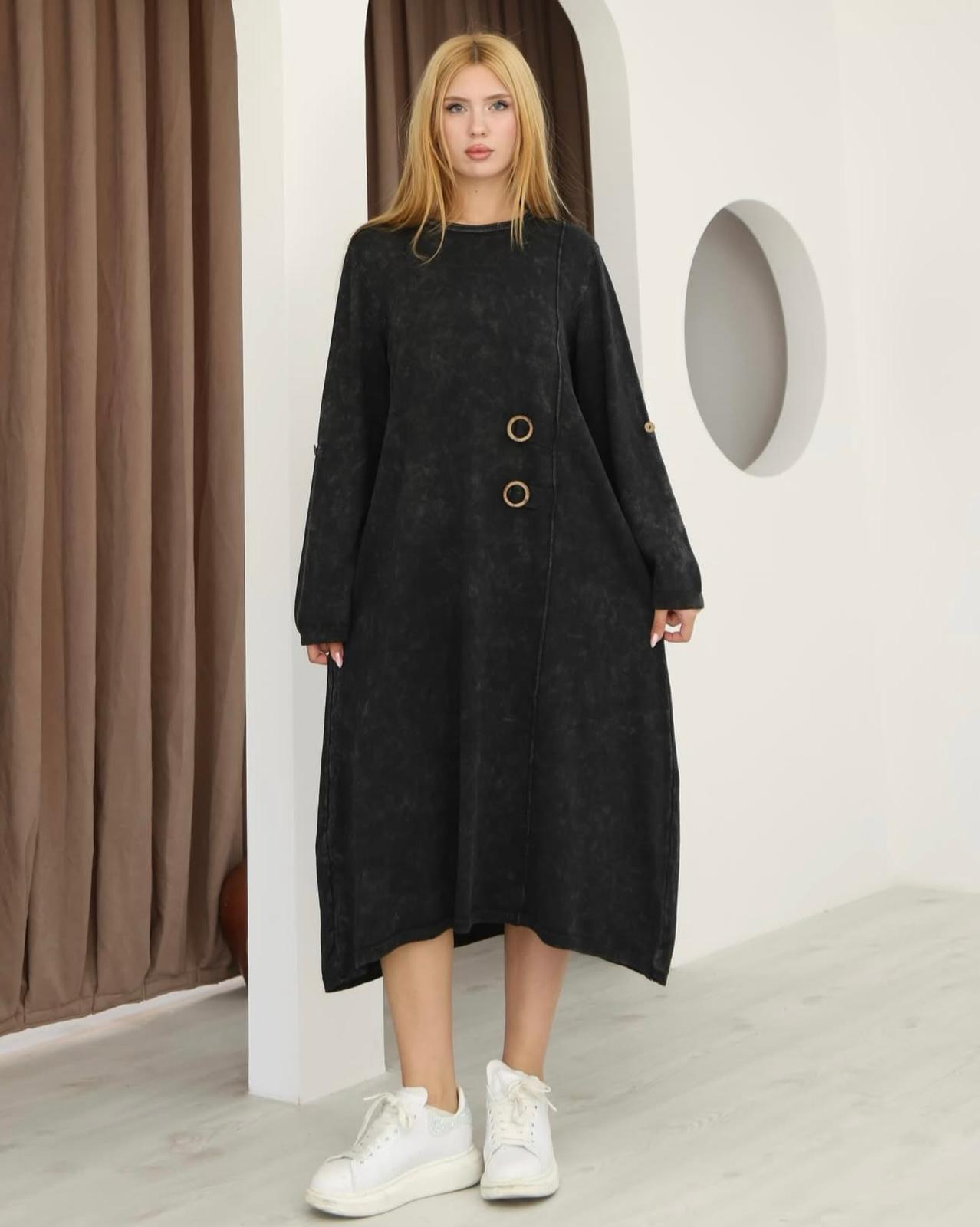 Two-Button 100% Cotton Woven Dress-Tunic Mid Length