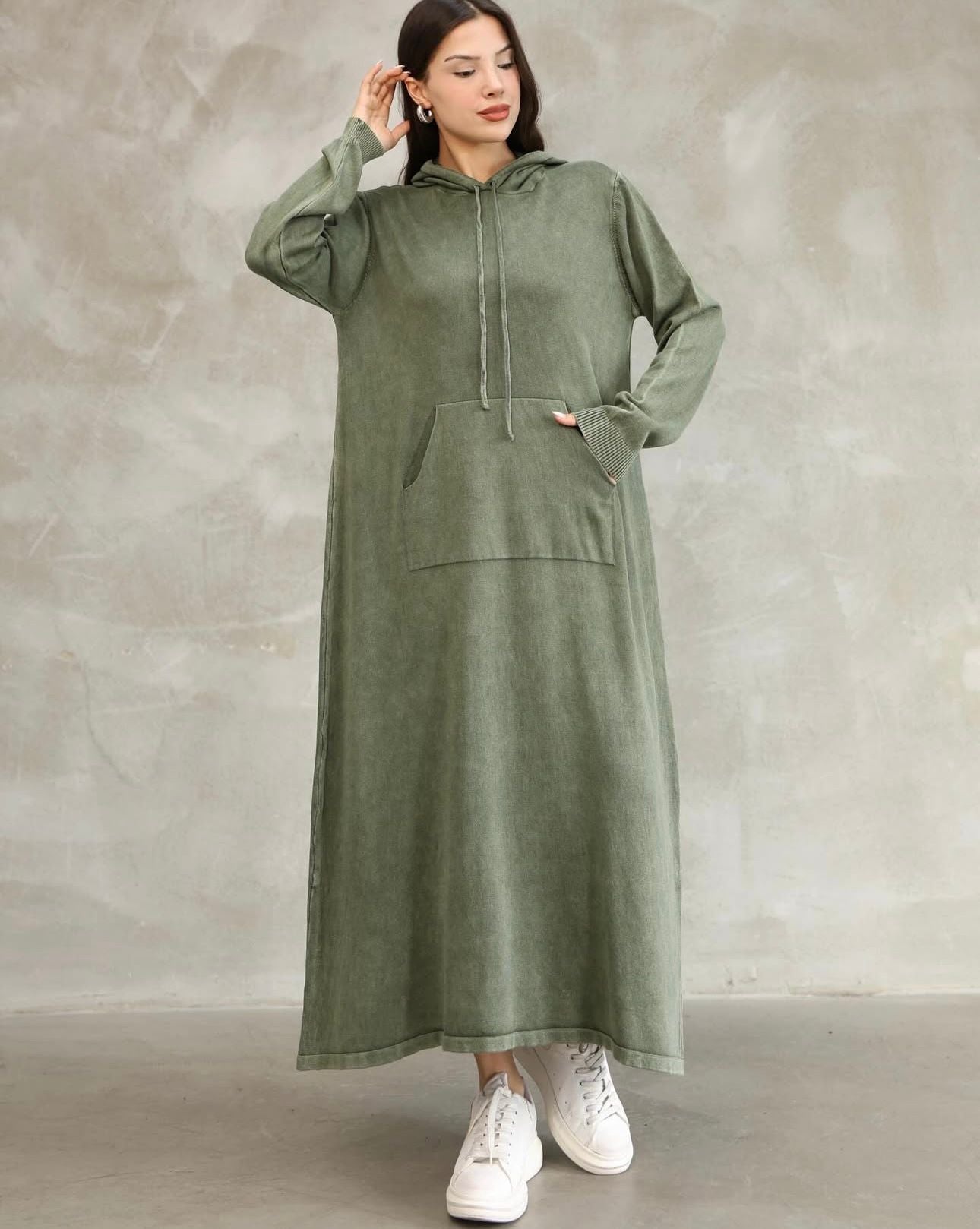 100% Cotton Dress with Hooded Pocket Detail