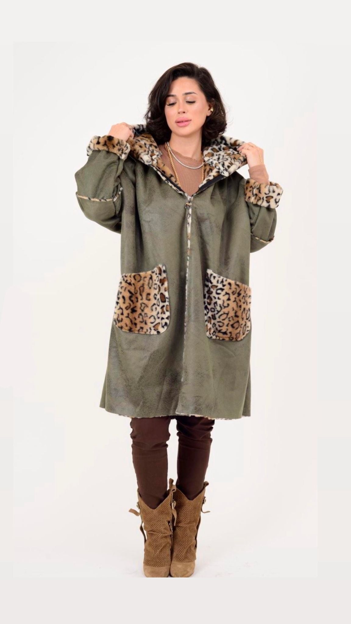 Leopar Desen Fermuarlı Uzun Kaban