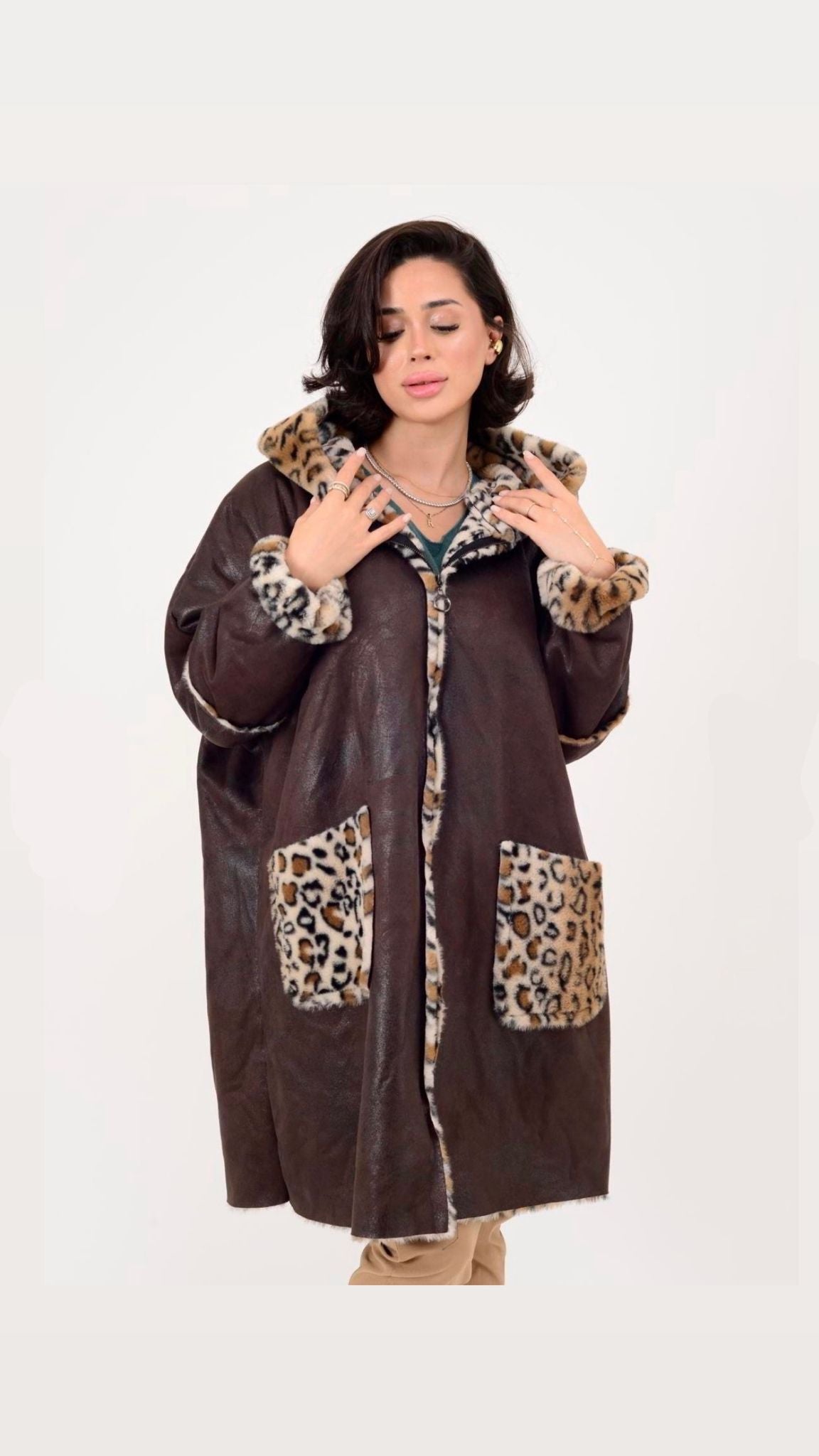 Leopar Desen Fermuarlı Uzun Kaban