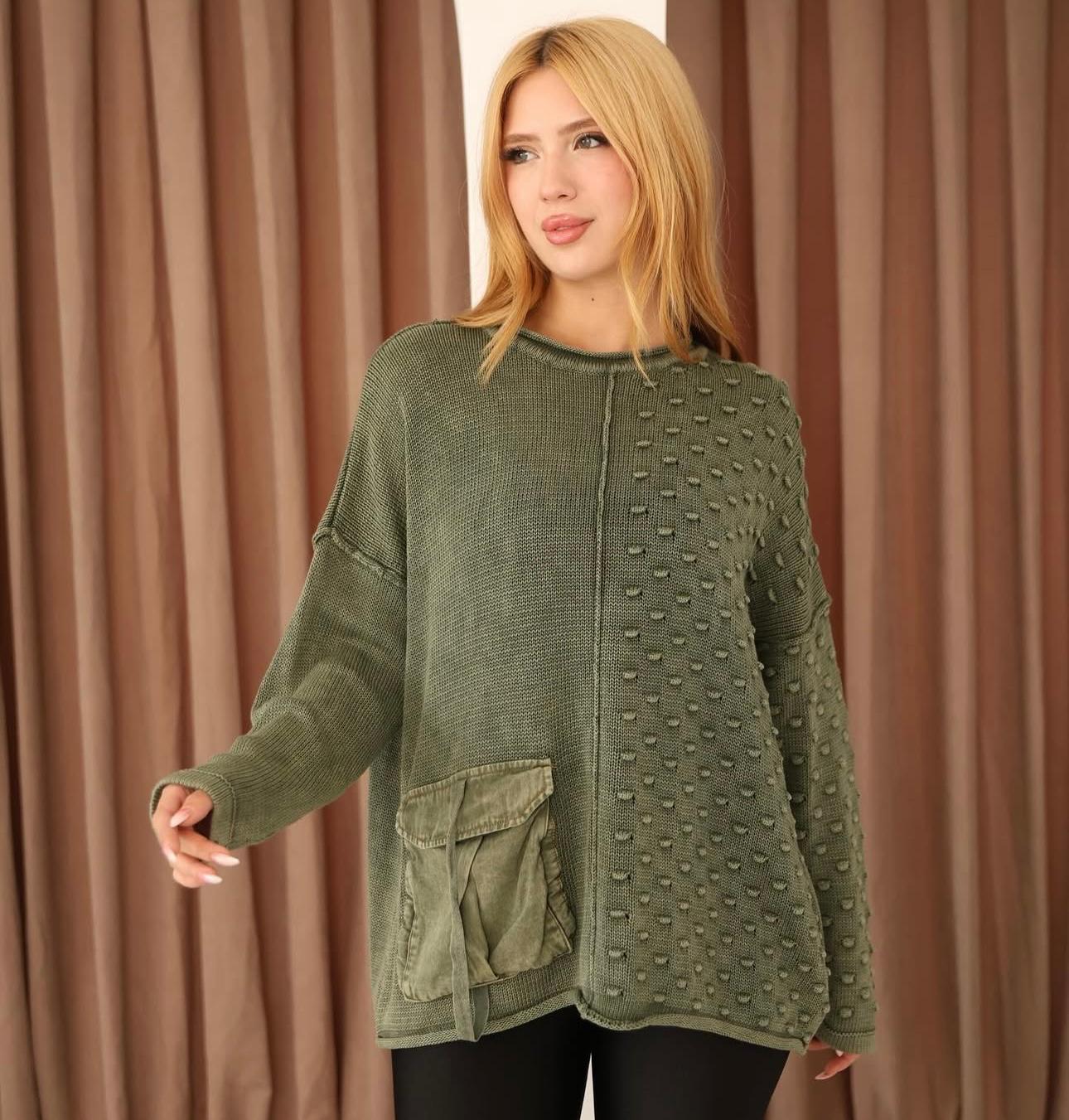 Cep Detaylı %100 Pamuk Kazak