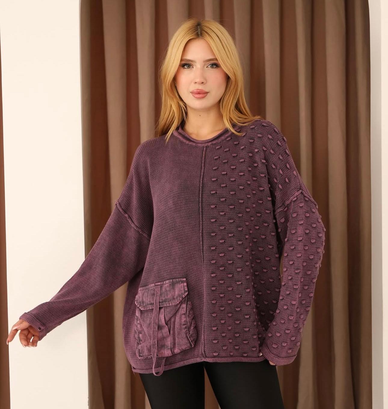 Cep Detaylı %100 Pamuk Kazak