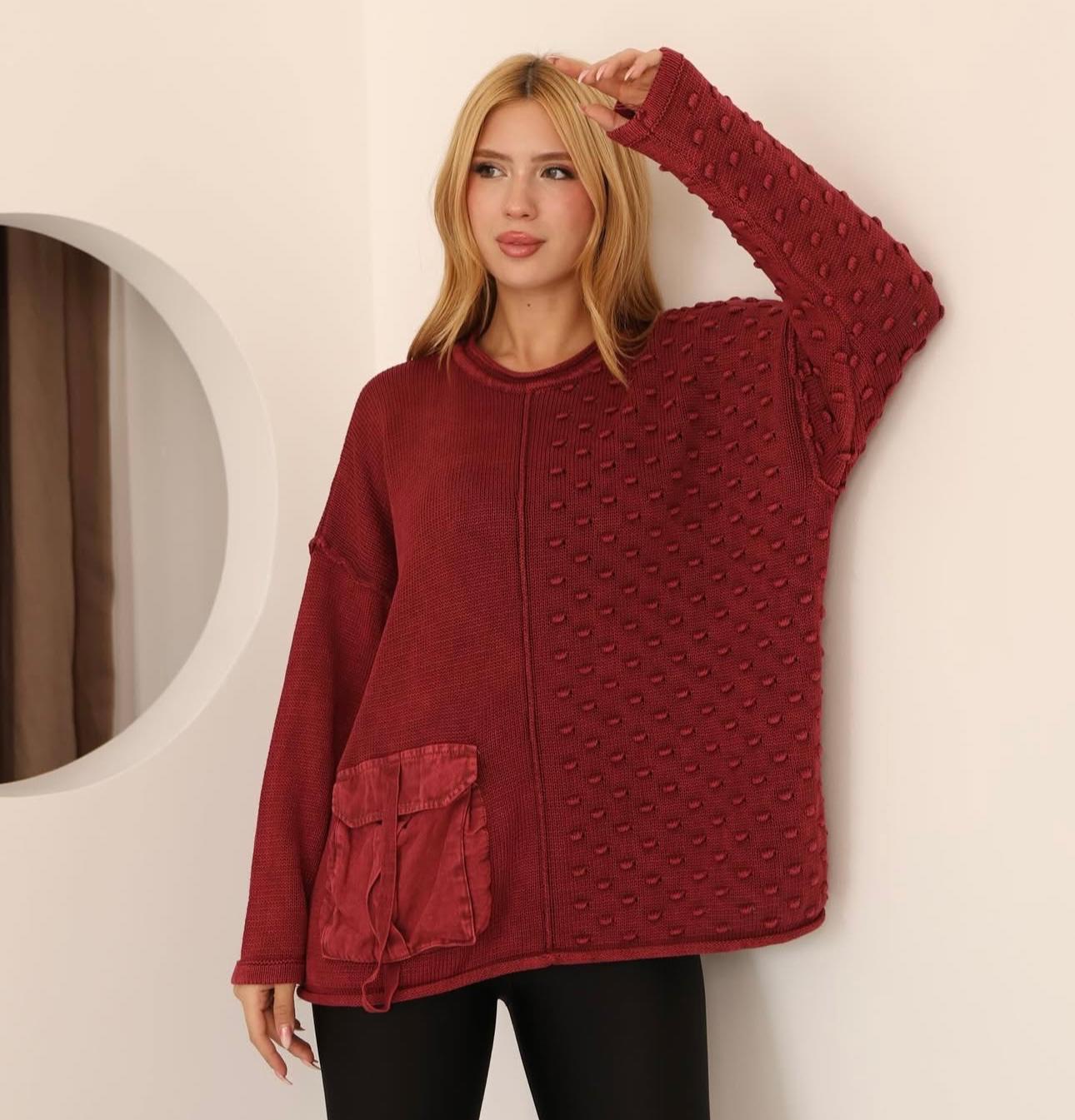 Cep Detaylı %100 Pamuk Kazak