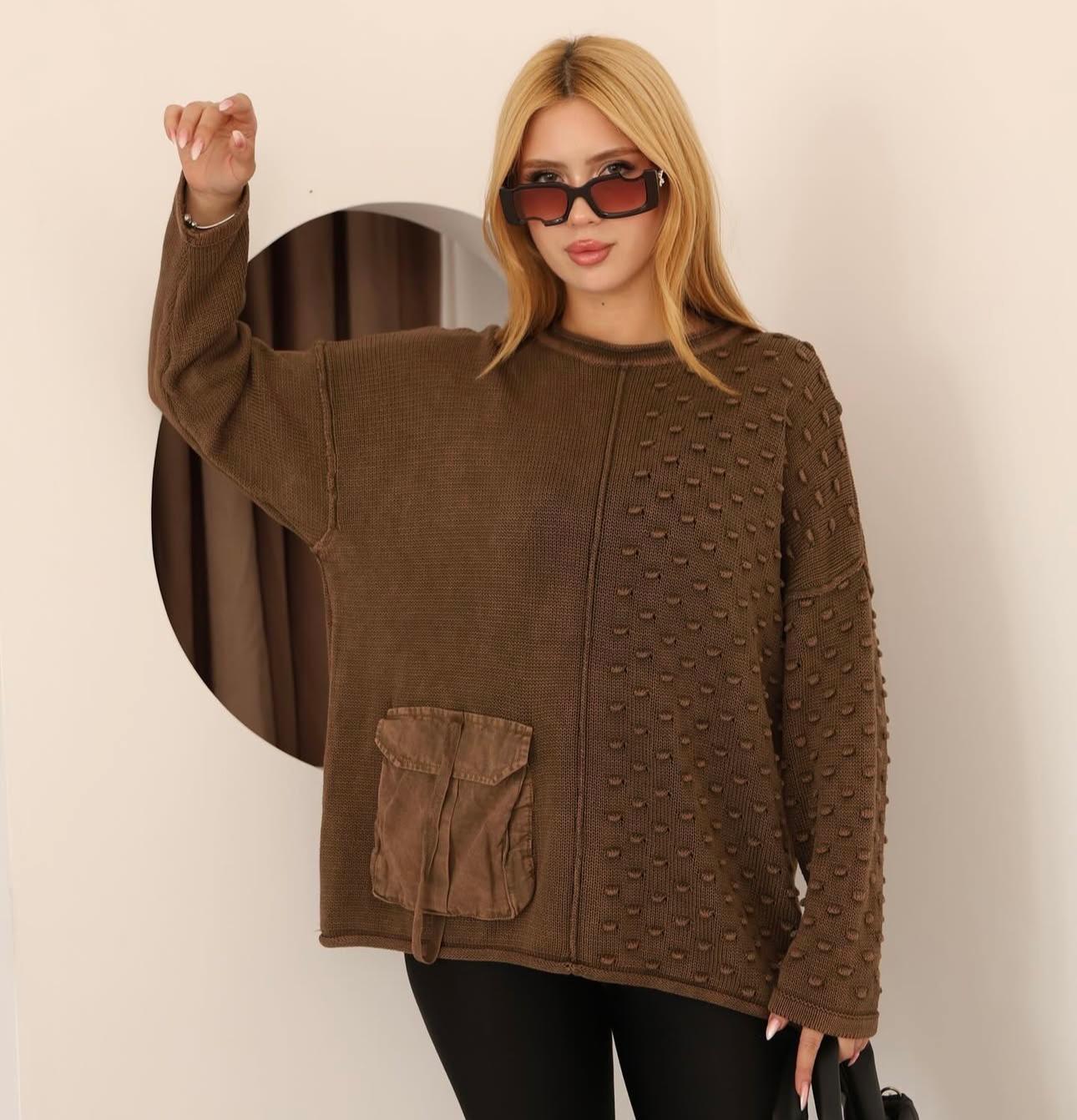 Cep Detaylı %100 Pamuk Kazak