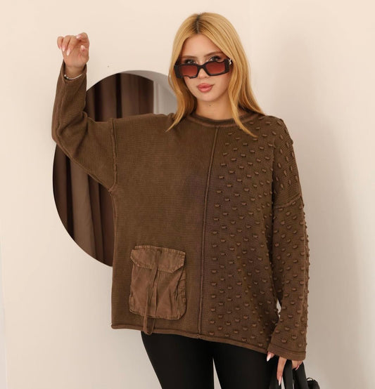 Cep Detaylı %100 Pamuk Kazak