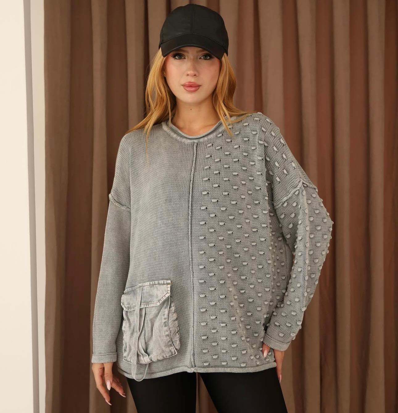 Cep Detaylı %100 Pamuk Kazak