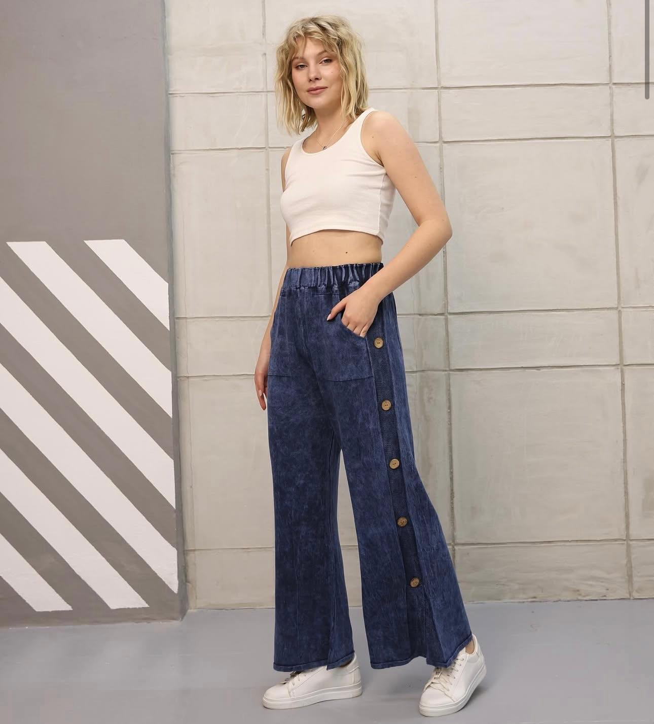 Yandan Düğme Detaylı %100 Pamuk Pantolon