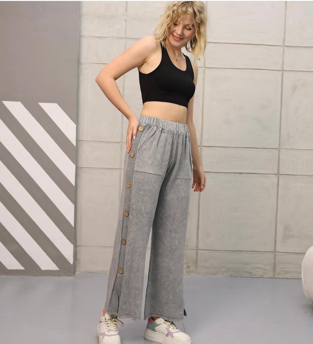 Yandan Düğme Detaylı %100 Pamuk Pantolon