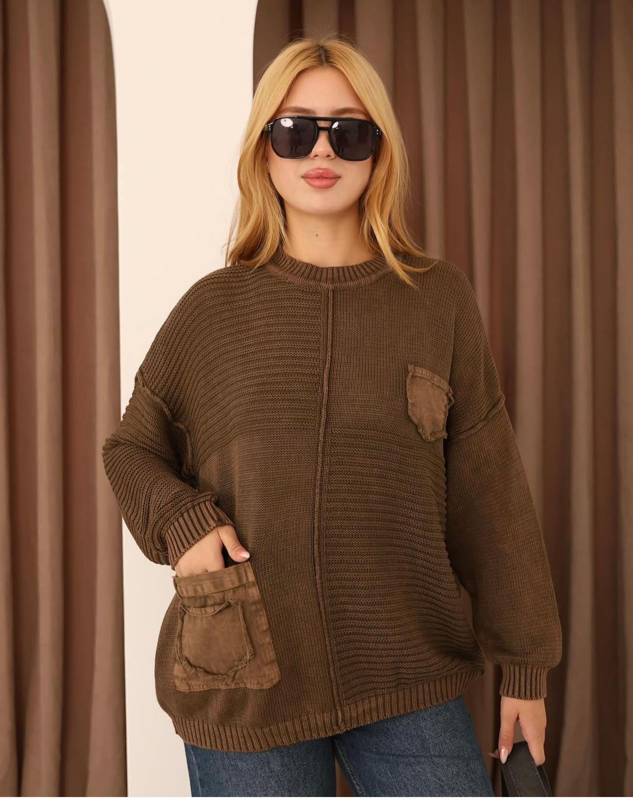 Cep Detaylı %100 Pamuk Dökümlü Kazak