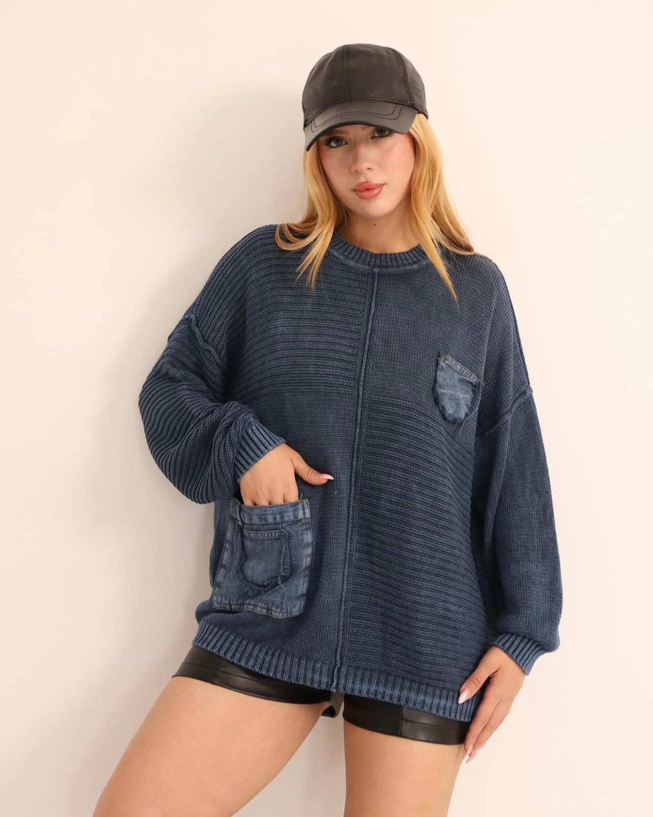 Cep Detaylı %100 Pamuk Dökümlü Kazak