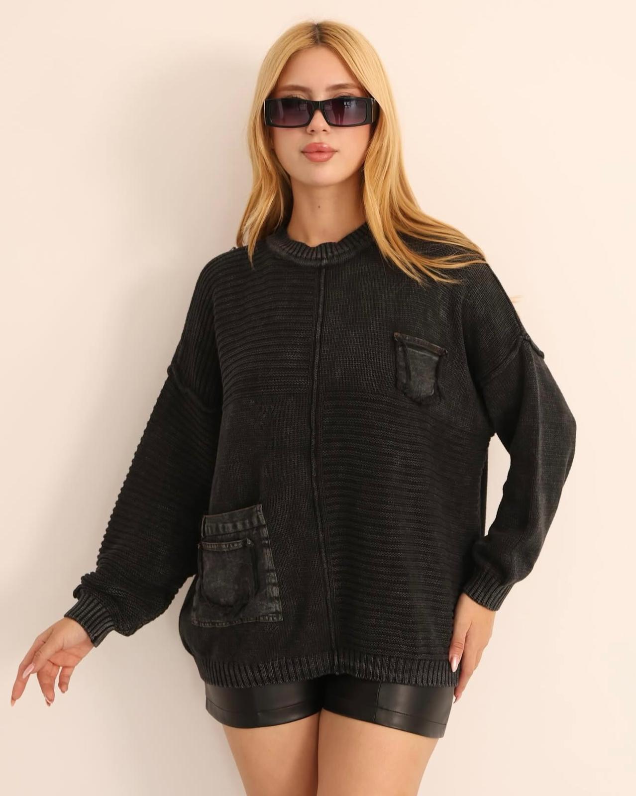 Cep Detaylı %100 Pamuk Dökümlü Kazak