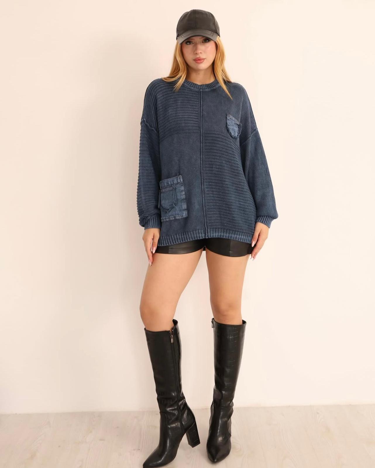 Cep Detaylı %100 Pamuk Dökümlü Kazak