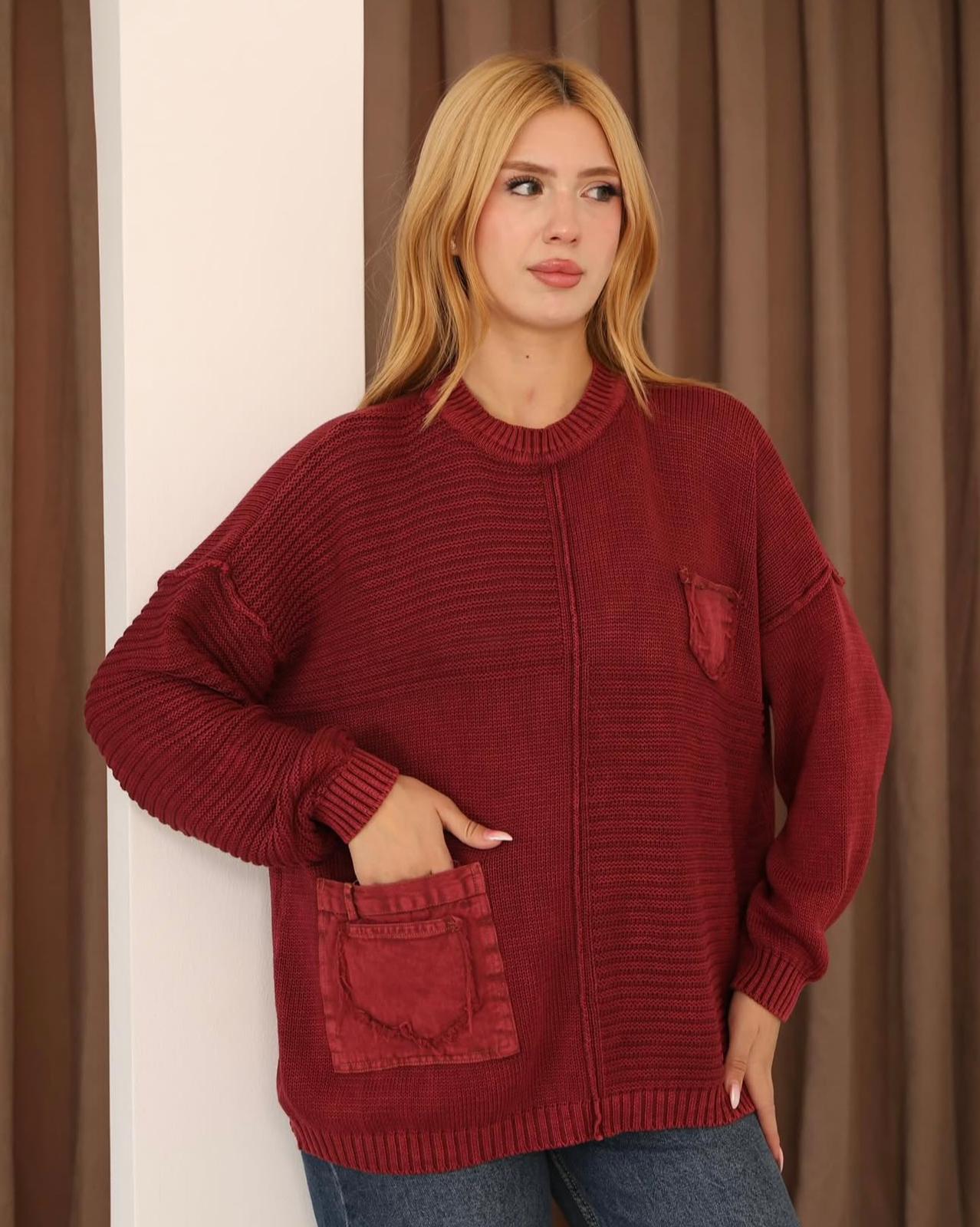 Cep Detaylı %100 Pamuk Dökümlü Kazak