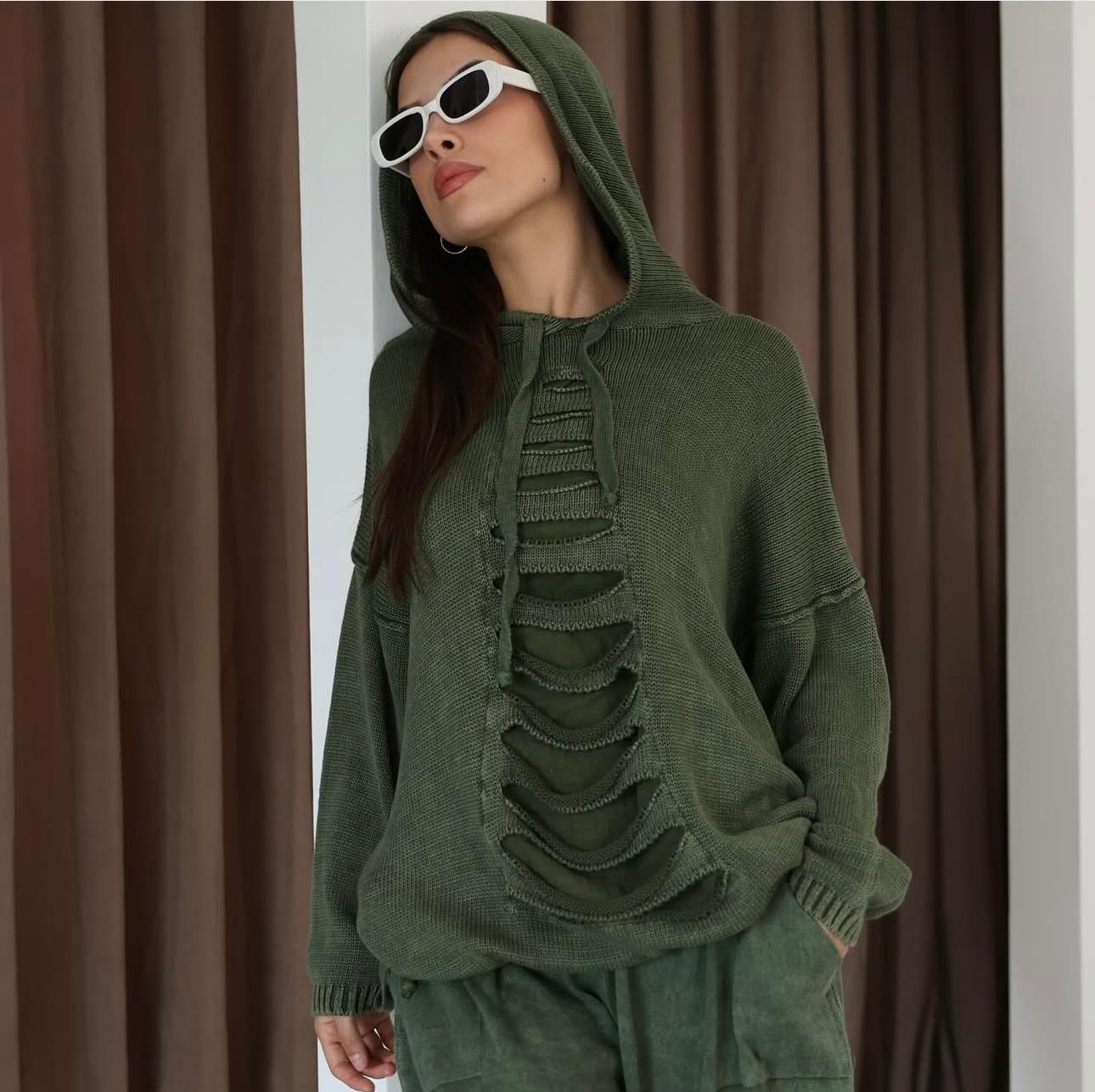 Kapüşon Detaylı Dökümlü %100 Pamuk Etnik Kazak