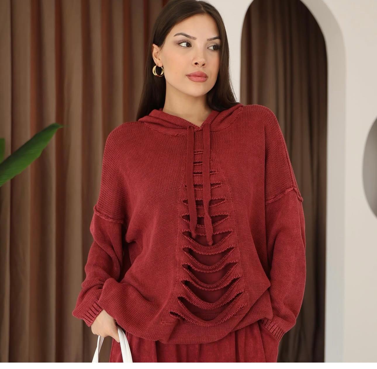 Kapüşon Detaylı Dökümlü %100 Pamuk Etnik Kazak