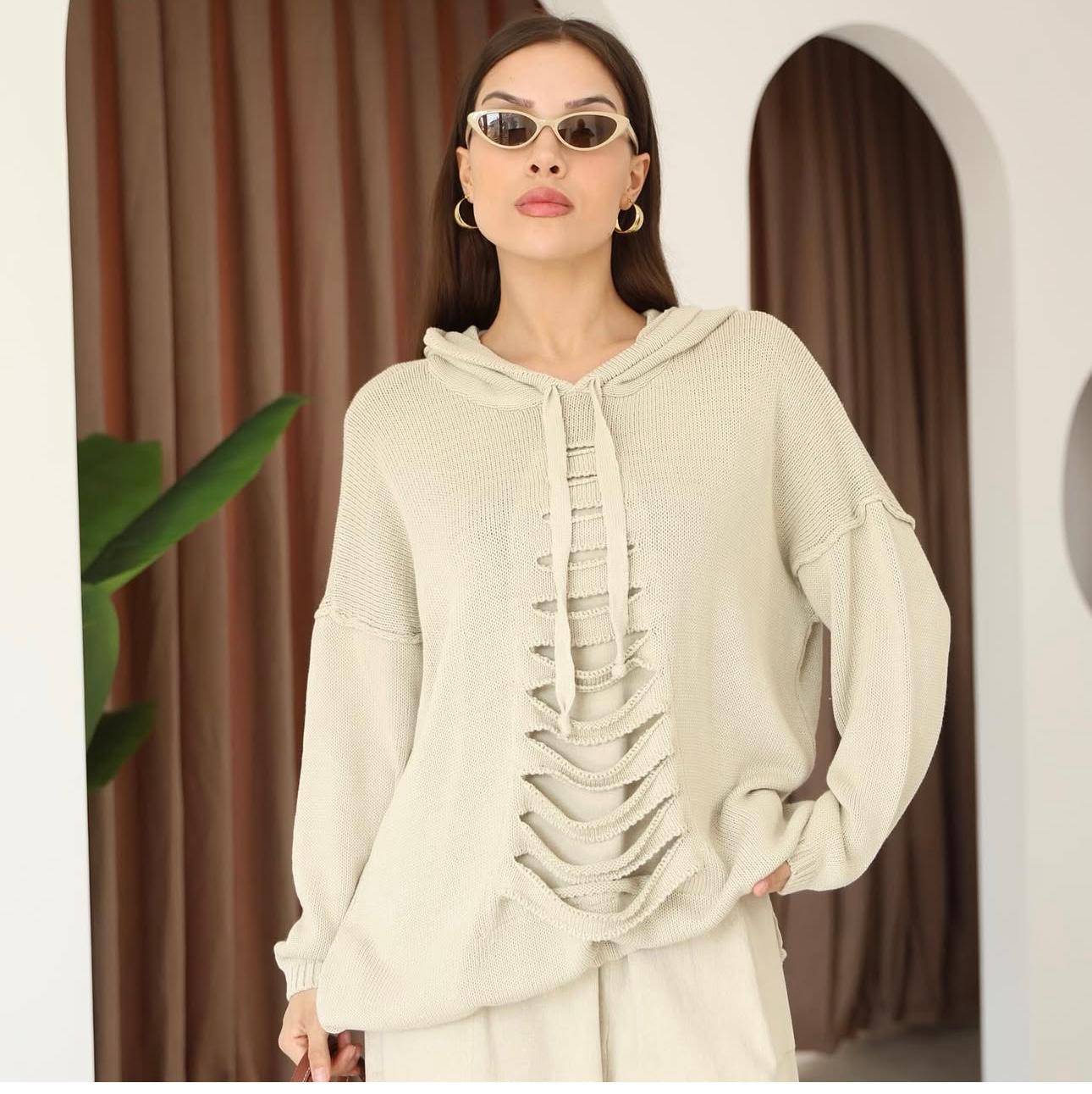 Kapüşon Detaylı Dökümlü %100 Pamuk Etnik Kazak