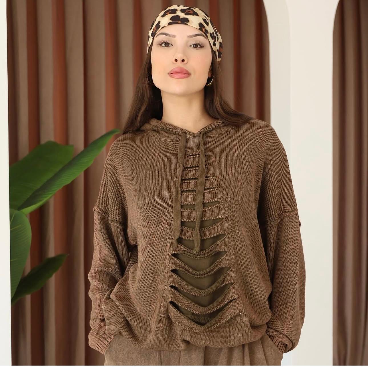 Kapüşon Detaylı Dökümlü %100 Pamuk Etnik Kazak