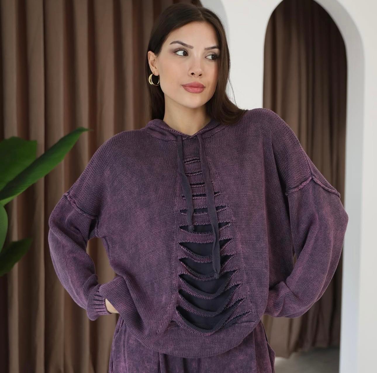 Kapüşon Detaylı Dökümlü %100 Pamuk Etnik Kazak