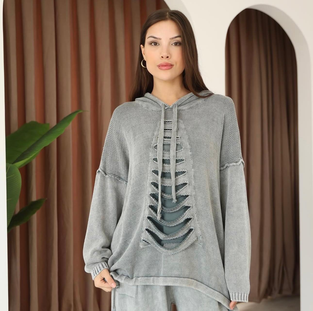 Kapüşon Detaylı Dökümlü %100 Pamuk Etnik Kazak