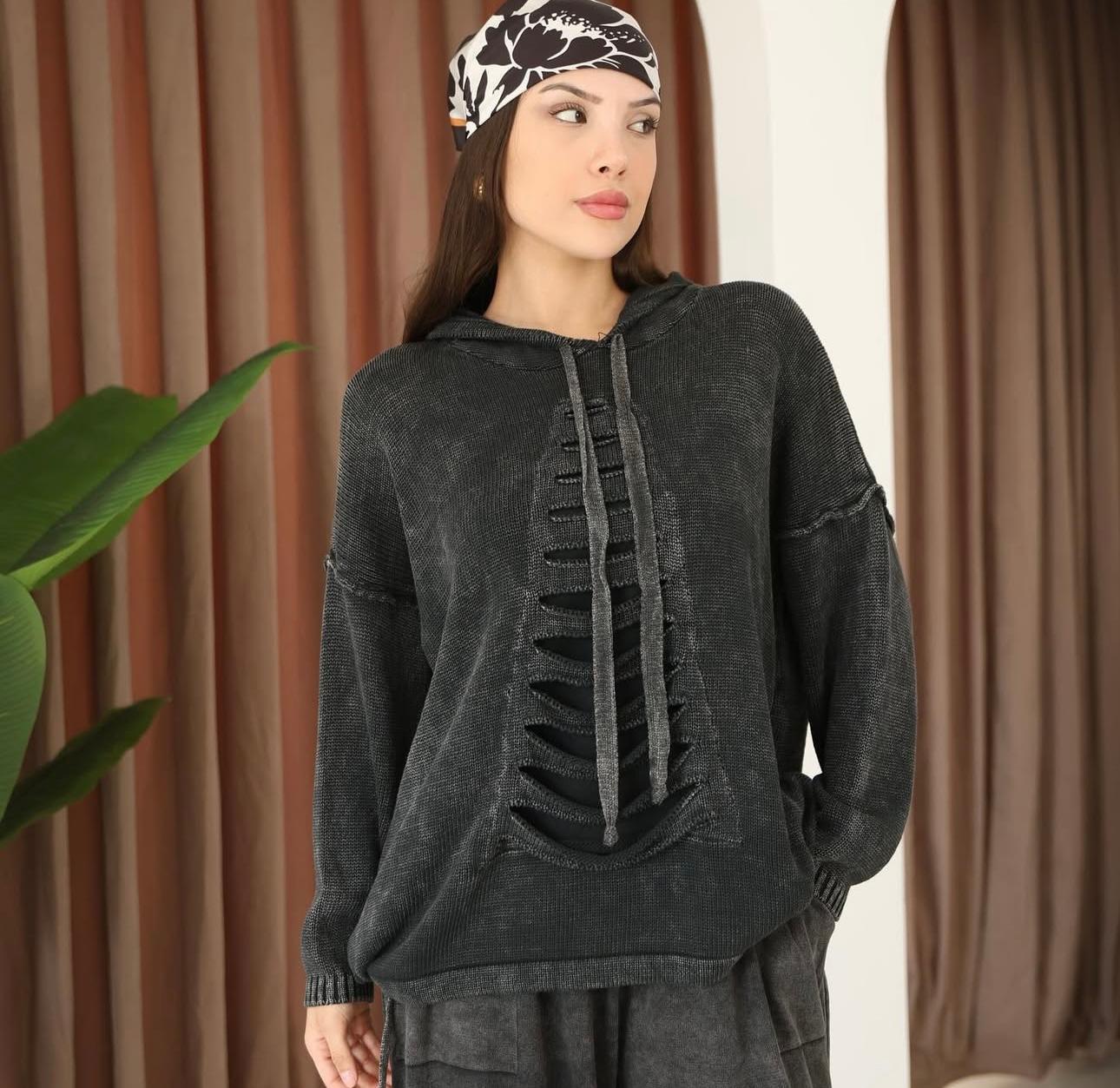 Kapüşon Detaylı Dökümlü %100 Pamuk Etnik Kazak