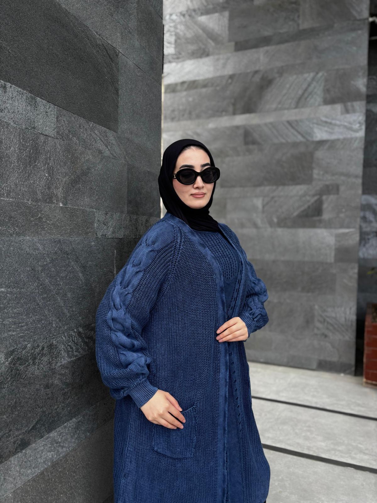 Kolları Örgü Detaylı %100 Pamuk Uzun Hırka