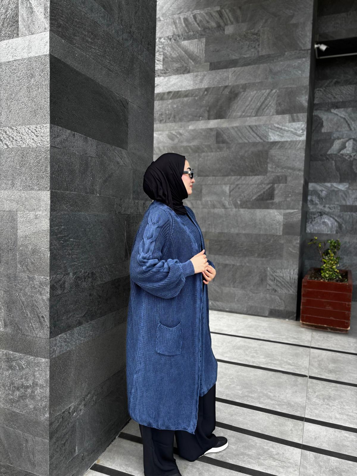 Kolları Örgü Detaylı %100 Pamuk Uzun Hırka